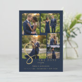 Modern Collage 5-Photo Wedding Navy Blue Save The Date (Stehend Vorderseite)