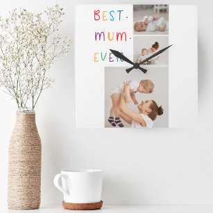 Modern Collage Foto & Colorful Best Mum Ever Gesch Quadratische Wanduhr