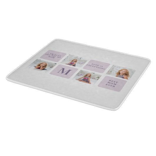 Modern Collage Foto Happy Mothers Day Lila Geschen Schneidebrett (Ecke)