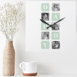 Modern Collage Foto Mint & Happy VathersDay-Gesche Quadratische Wanduhr<br><div class="desc">Was ein fröhliches Vatertagsgeschenk angeht, könnte eine moderne Collage Foto Minze eine großartige Option sein, wenn Ihr Vater gerne fotografiert oder ein besonderes Kunstinteresse hat. Sie könnten eine Auswahl von Fotos auswählen, die ihm wichtig sind, wie Familienportraits oder Bilder von denkwürdigen Reisen, und sie so ordnen, dass sie eine Geschichte...</div>