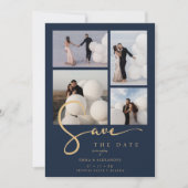 Modern Collage Wedding Navy Blue & Faux Gold Scrip Save The Date (Vorderseite)