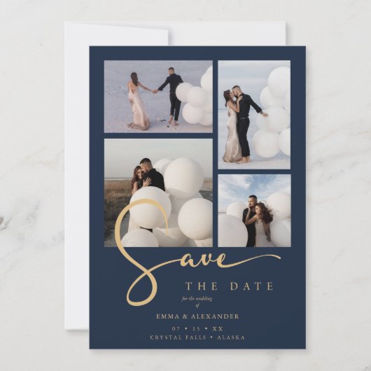 Modern Collage Wedding Navy Blue & Faux Gold Scrip Save The Date (Vorderseite)