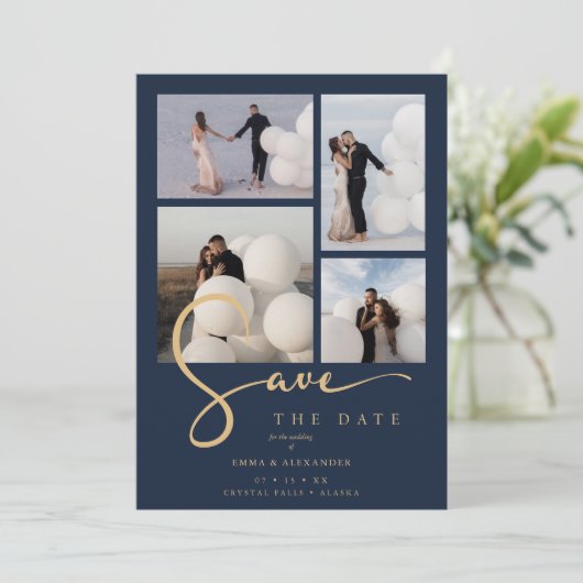 Modern Collage Wedding Navy Blue & Faux Gold Scrip Save The Date (Stehend Vorderseite)