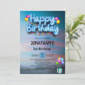 Modern Colorful Balloons 1st Birthday Party Einladung (Stehend Vorderseite)