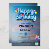 Modern Colorful Balloons 1st Birthday Party Einladung (Vorne/Hinten)