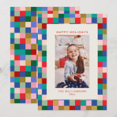 Modern Colorful Checkered Border Family Photo Feiertagskarte (Vorne/Hinten)