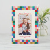 Modern Colorful Checkered Border Family Photo Feiertagskarte (Stehend Vorderseite)