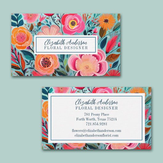 Modern Colorful Flowers Pink Teal Visitenkarte
