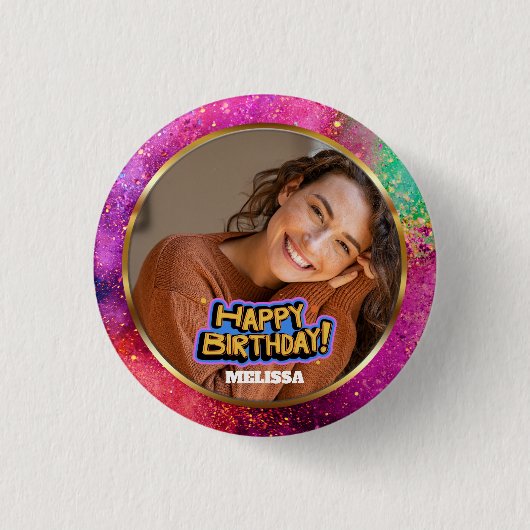 Modern Colorful Glitter Photo Name Birthday Button (Vorderseite)