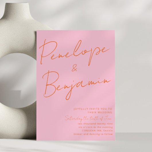 Modern Colorful Handwriting Pink Orange Wedding  Einladung