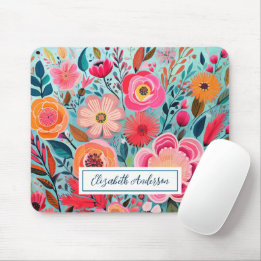 Modern Colorful Pink Flowers Monogram Mousepad