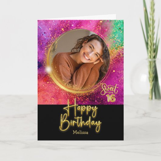 Modern Colorful Sweet 16 Photo & Name Birthday Karte (Vorderseite)