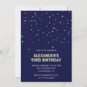 Modern Confetti Navy Blue Men 93. Geburtstag Einladung (Vorderseite)
