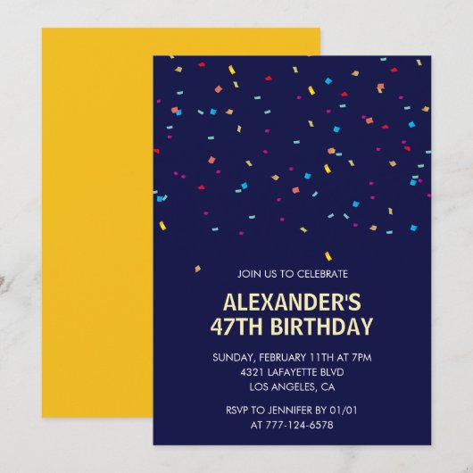 Modern Confetti Navy Men 47. Geburtstag Einladung (Vorne/Hinten)