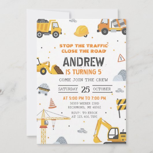 Modern Construction Birthday Invitation Einladung (Vorderseite)