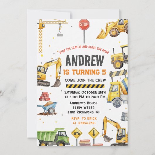 Modern Construction Birthday Party custom image Einladung (Vorderseite)