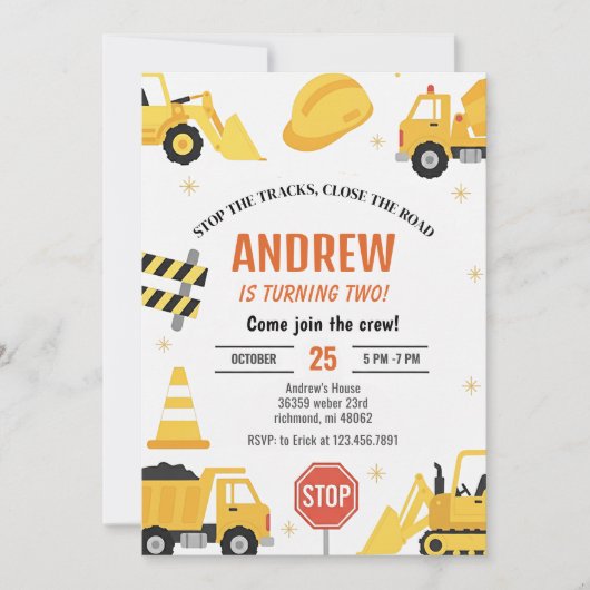 Modern Construction Birthday party Invitation boy Einladung (Vorderseite)