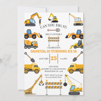 Modern Construction Simple Kid's Birthday Einladung