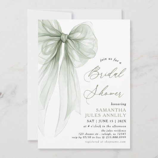 Modern Coquette Sage Green Bow Brautparty Einladung (Vorderseite)