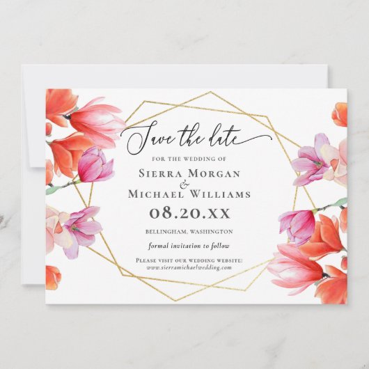 Modern Coral Floral Gold Geometric Save the Date (Vorderseite)