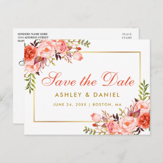 Modern Coral Floral Gold Save the Date Ankündigungspostkarte (Vorne/Hinten)
