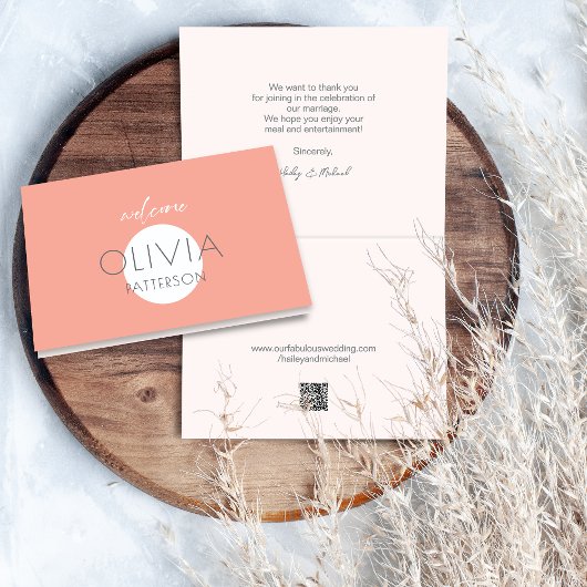 Modern Coral Name Platzkarte QR Code Danke Karte