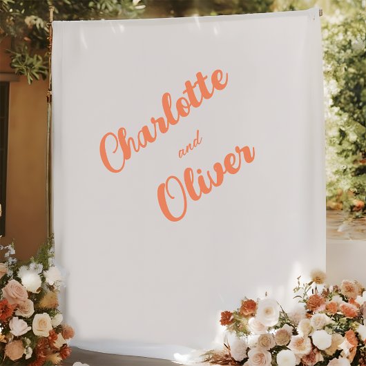 Modern Coral Orange Couple Names Wedding Backdrop Wandteppich