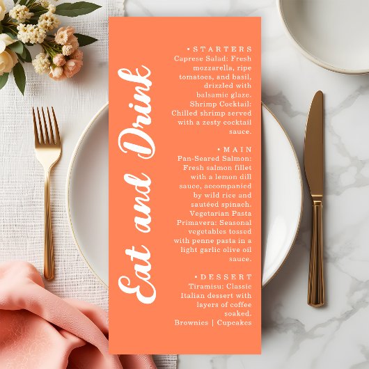 Modern Coral Orange Eat and Drink Wedding Menükarte