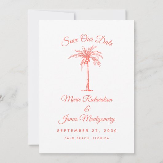 Modern Coral Palm Tree Beach Hochzeit Save the Dat Date (Vorderseite)