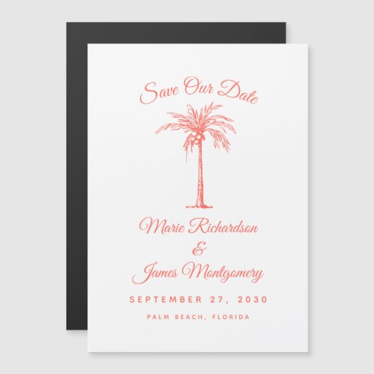 Modern Coral Palm Tree Beach Hochzeit Save the Dat Magneteinladung (Vorne/Hinten)