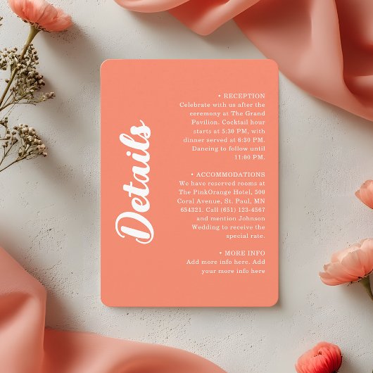 Modern Coral Pink Groovy Script Wedding Details Begleitkarte