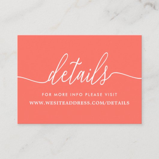 Modern Coral & White Einfache Skriptdetails Begleitkarte (Vorderseite)