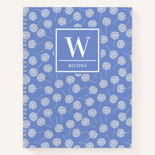 Modern Cornflower Blue Dandelion Monogram Rezept Notizblock (Vorderseite)