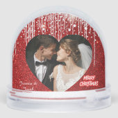 Modern Couples Photo, Red Merry Christmas Heart Schneekugeln (Rückseite)