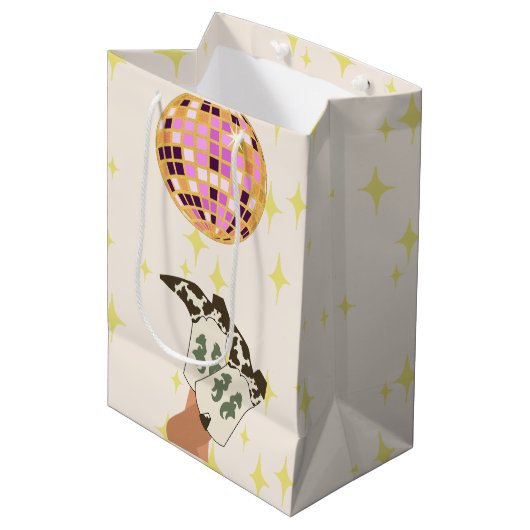 Modern Cowgirl Cowboy Disco Ball Beige Mittlere Geschenktüte (Vorderseite Schrägansicht)