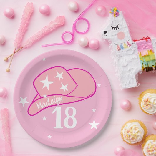 Modern Cowgirl Western Hat Pink Girl 18. Geburtsta Pappteller (Party)