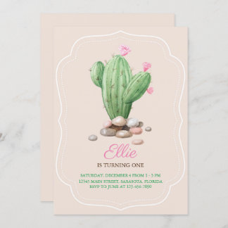 Modern Cream Beige Cactus Birthday Party Einladung