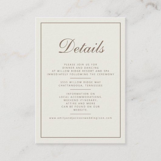 Modern Cream Brown Script Wedding Details Card Begleitkarte (Vorderseite)