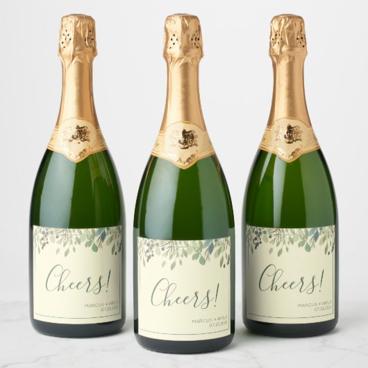 Modern Cream & Eucalyptus Wedding Champagne Label Schaumweinetikett (Flaschen)