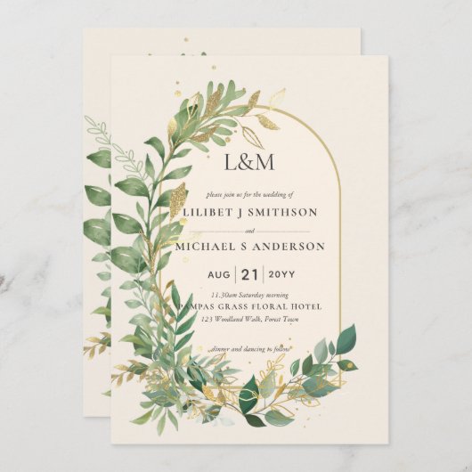 Modern Cream Gold Greenery Botanische Hochzeit Einladung (Vorne/Hinten)