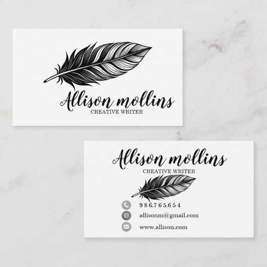 Modern Creative Writer Feather Logo Visitenkarte (Vorne/Hinten)