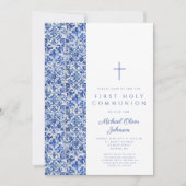 Modern Cross Blue Tiles Boy First Communation Einladung (Vorderseite)