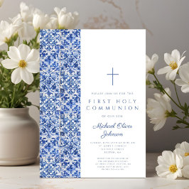 Modern Cross Blue Tiles Boy First Communation Einladung