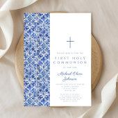 Modern Cross Blue Tiles Boy First Communation Einladung