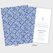 Modern Cross Blue Tiles Boy First Communation Einladung