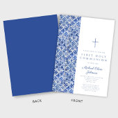 Modern Cross Blue Tiles Boy First Communation Einladung
