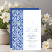 Modern Cross Blue Tiles Boy First Communation Einladung