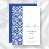 Modern Cross Blue Tiles Boy First Communation Einladung