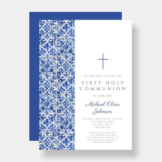 Modern Cross Blue Tiles Boy First Communation Einladung