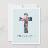 Modern Cross Floral Blue Baptism Photo Dankeskarte (Vorderseite)